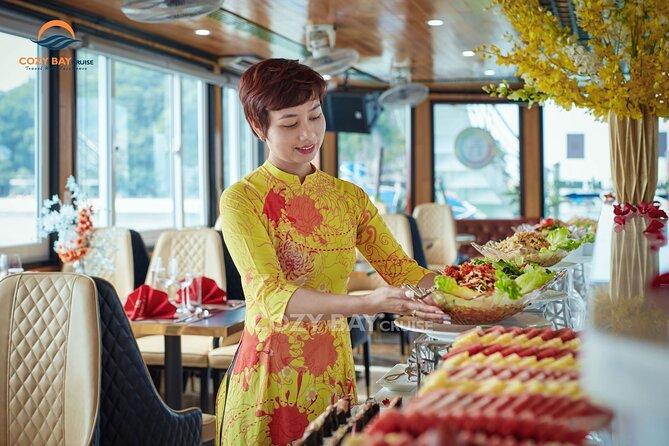 Cozy Bay Halong 5-Star Day Cruise, Buffet, Cave, Kayak, Swimming - Buffet lunch keeps the group moving